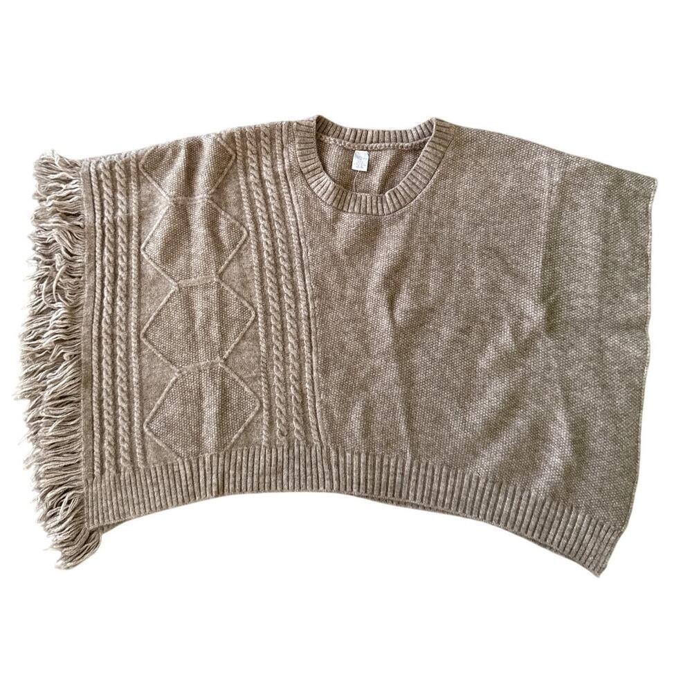 Francesca's Boho Poncho Sweater Fringe Cable Knit L/XL Tan Taupe Boho Chic Cozy - Picture 6 of 8